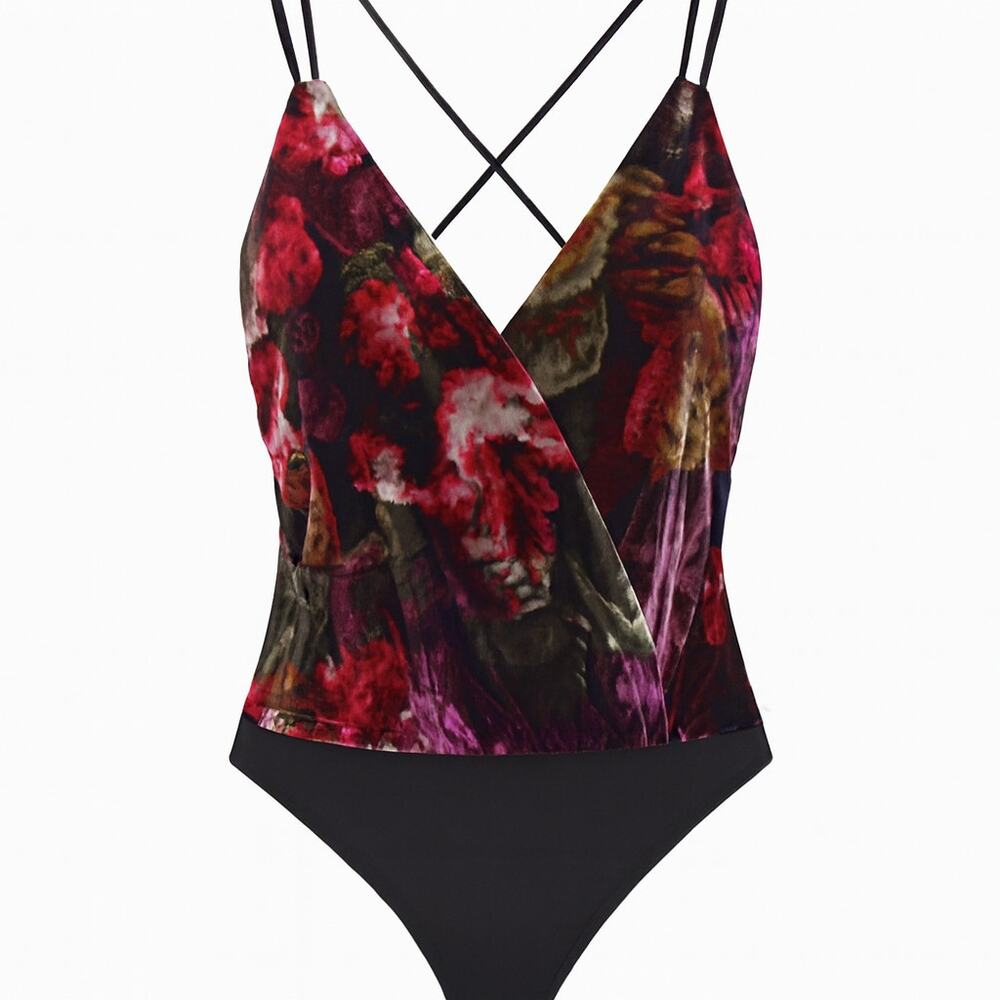 Express Floral Velvet Strappy Bodysuit Small